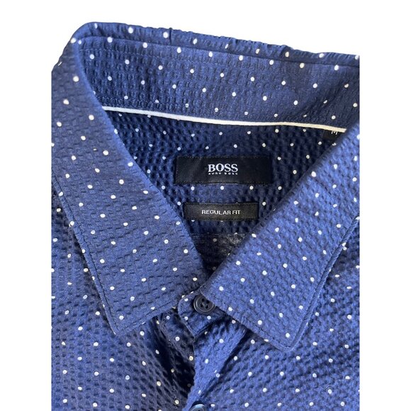Hugo Boss Mens Navy Polka Dot Button-Down Shirt Regular Fit Medium Seersucker - Picture 3 of 9